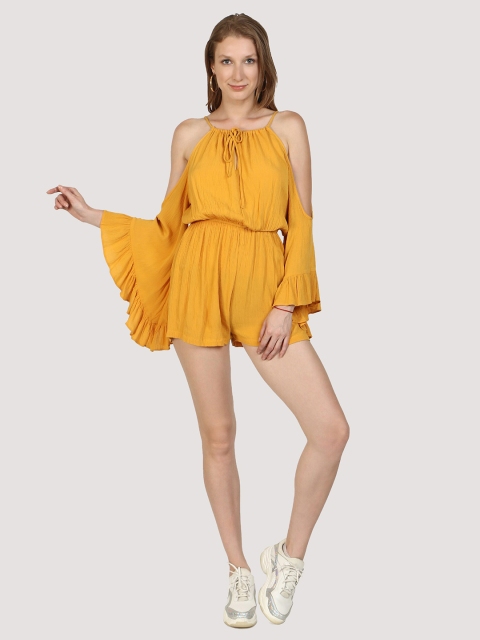 

DRIRO Orange Solid Cold-Shoulder Sleeves Rayon Crepe Playsuit
