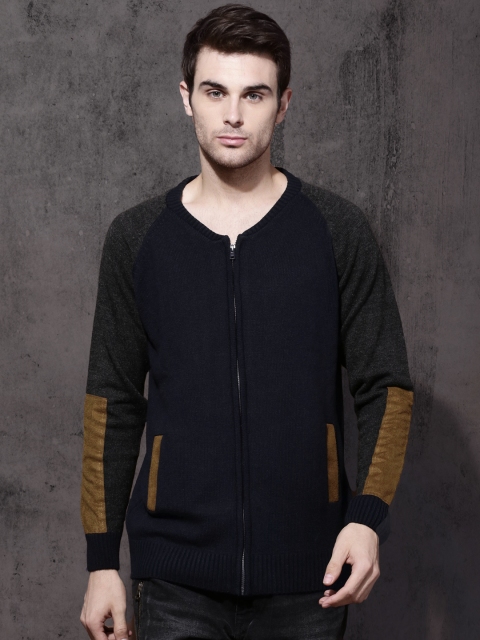 

Roadster Men Navy Blue & Charcoal Grey Solid Cardigan Sweater