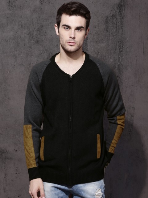 

Roadster Men Black Colourblocked Front-Open Sweater