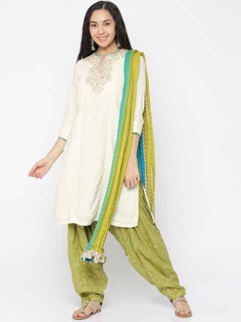 

Biba Women Cream & Green Solid Kurta with Salwar & Dupatta