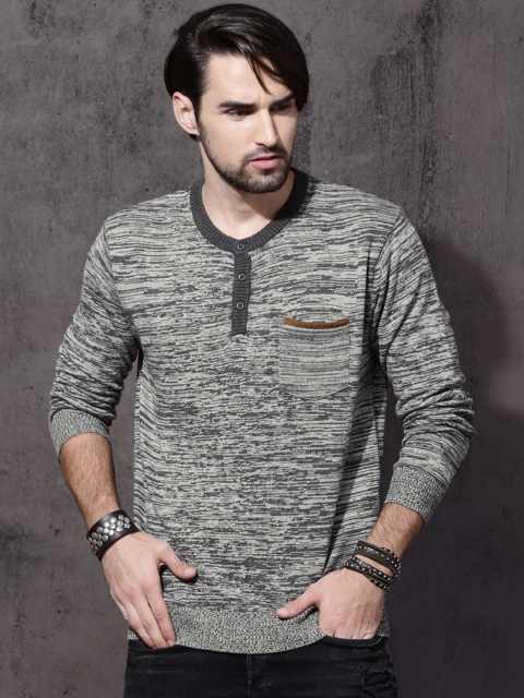 

Roadster Men Grey Self Design Pullover