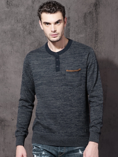 

Roadster Men Navy Blue Self-Design Pullover