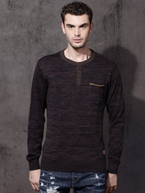

Roadster Men Brown & Navy Blue Self-Design Pullover Sweater