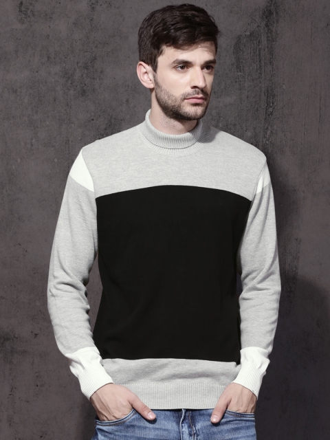 

Roadster Men Grey & Black Colourblocked Pullover Sweater