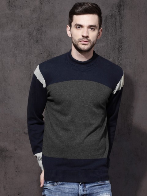 

Roadster Men Navy Blue & Grey Colourblocked Pullover Sweater