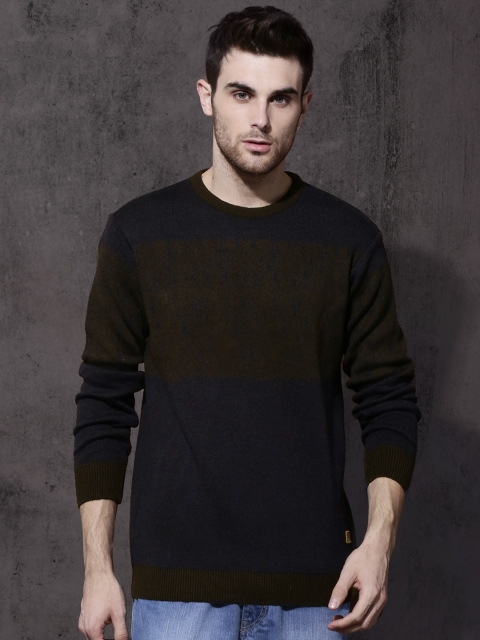 

Roadster Men Navy Blue & Brown Self-Design Pullover Sweater