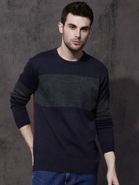 

Roadster Men Navy Blue & Charcoal Grey Colourblocked Pullover