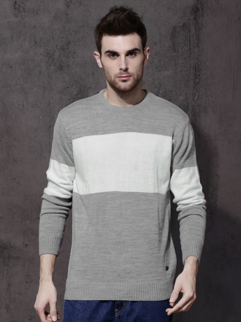 

Roadster Men Grey Melange & White Colourblocked Pullover