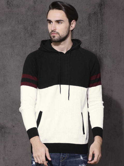 

The Roadster Lifestyle Co Men Black & White Colourblocked Hooded Pullover