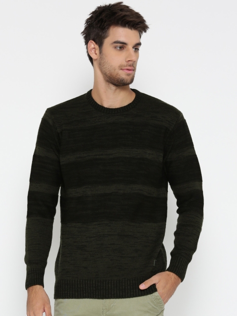 

Roadster Men Olive Green & Black Striped Pullover