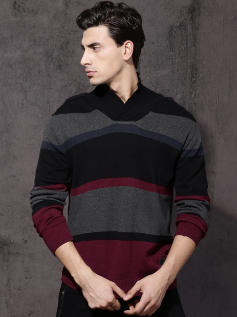 

Roadster Men Black & Charcoal Colourblocked Pullover Sweater