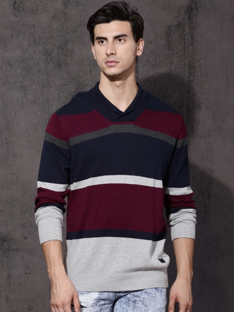 

Roadster Men Maroon & Navy Blue Striped Pullover