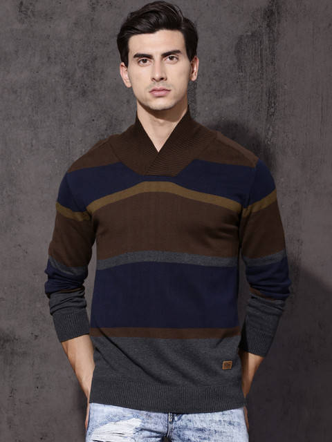 

Roadster Men Brown & Navy Blue Striped Pullover