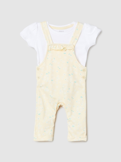 

max Girls Yellow & White Floral Printed Pure Cotton Dungarees