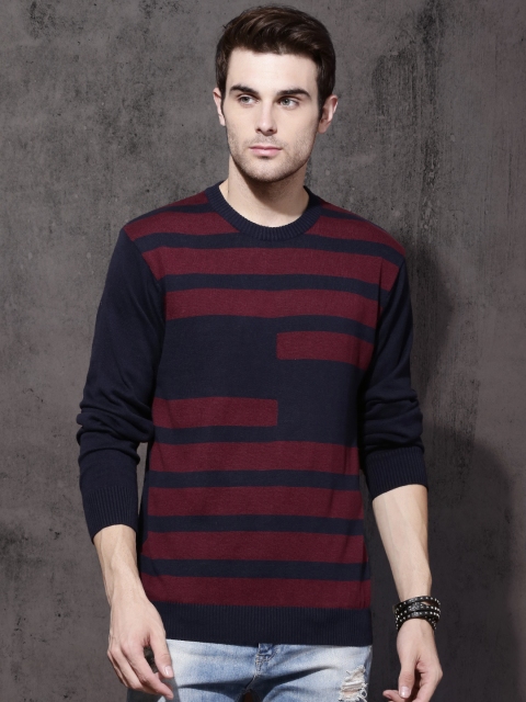 

Roadster Men Navy Blue & Maroon Striped Sweater