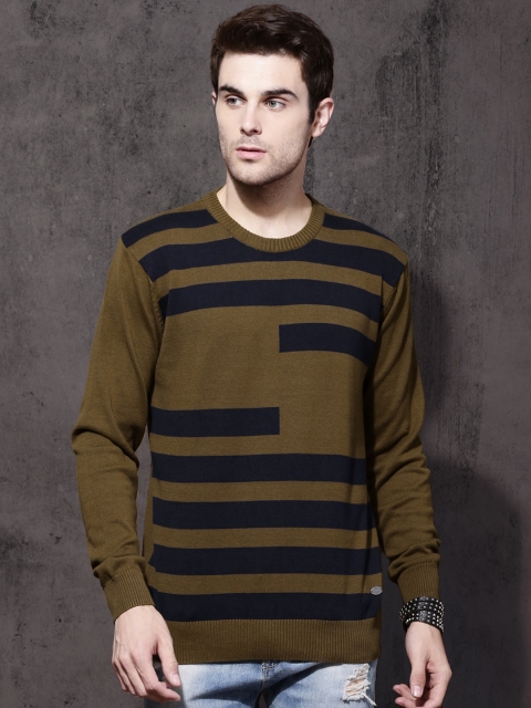 

Roadster Men Khaki & Navy Blue Striped Sweater