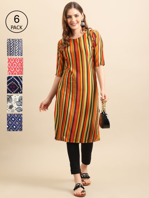 

1 Stop Fashion Pack of 6 Women Printed Crepe Kurta, Orange