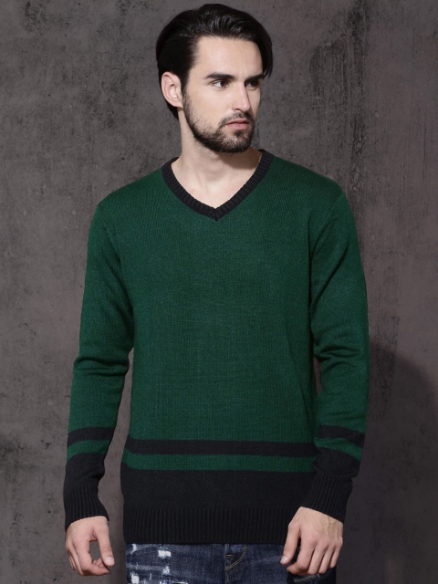 

Roadster Men Green & Black Solid Pullover