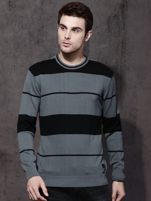 

Roadster Men Grey & Black Striped Sweater