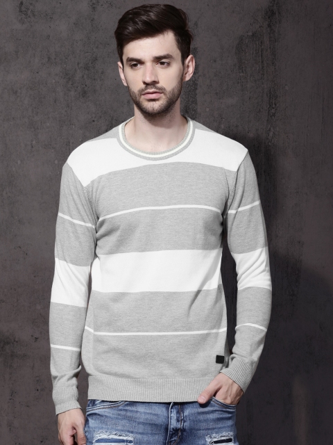 

Roadster Men Grey & White Striped Pullover