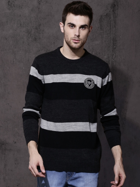 

Roadster Men Grey Melange & Black Striped Pullover Sweater