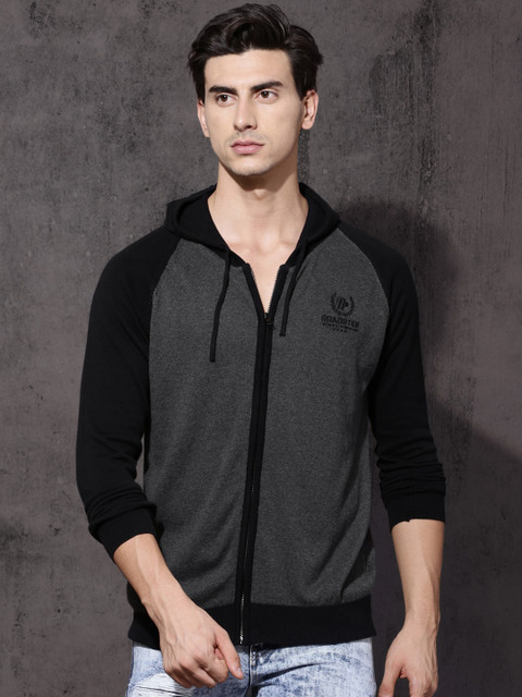 

Roadster Men Charcoal & Navy Blue Solid Front-Open Sweater