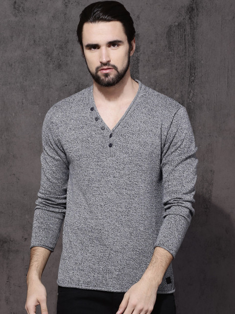 

Roadster Men Grey Self Design Pullover