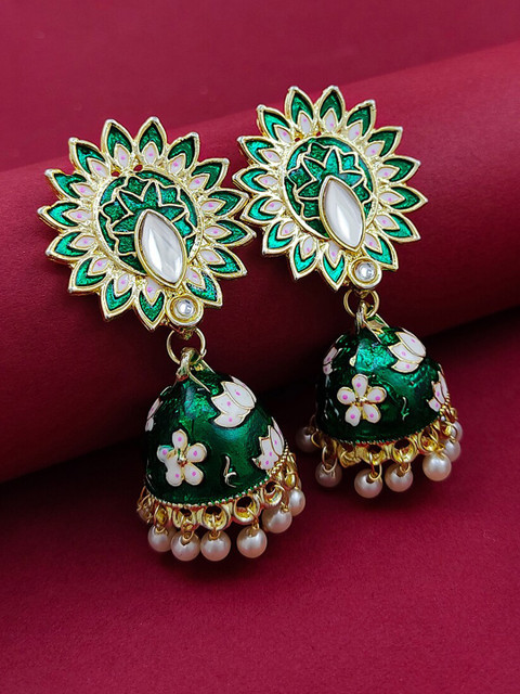 

Saizen Green Gold-Plated Meenakari Dome Shaped Jhumkas Earrings