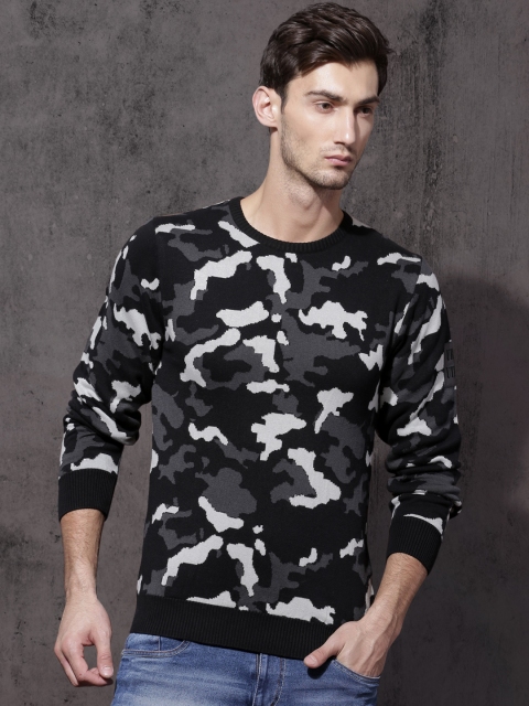 

Roadster Men Black & Grey Self Design Pullover