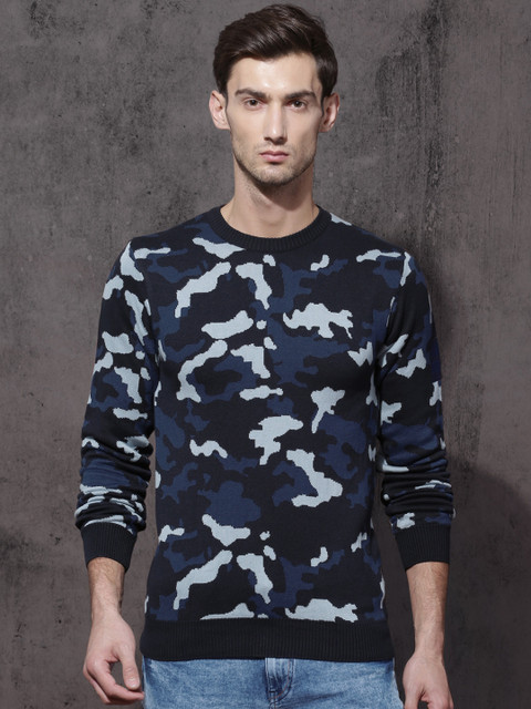 

Roadster Men Blue Self Design Pullover