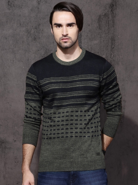 

Roadster Men Grey & Navy Blue Striped Pullover