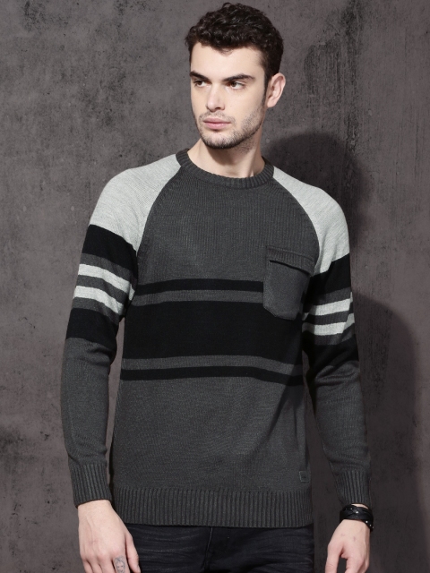 

Roadster Men Charcoal & Navy Blue Striped Pullover
