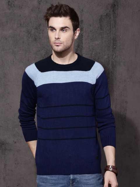 

Roadster Men Blue Striped Pullover