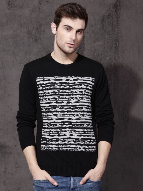 

Roadster Men Black Striped Pullover