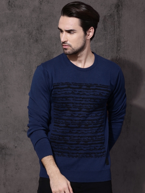 

Roadster Men Blue Striped Pullover