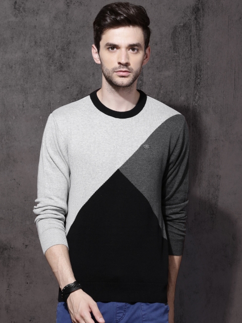

Roadster Men Grey & Black Colourblocked Pullover