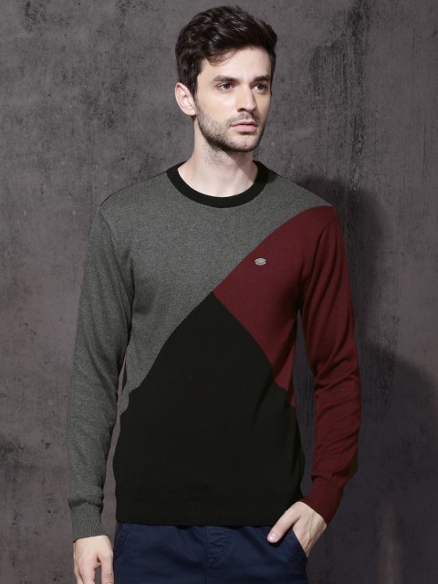 

Roadster Men Grey & Maroon Colourblocked Sweater