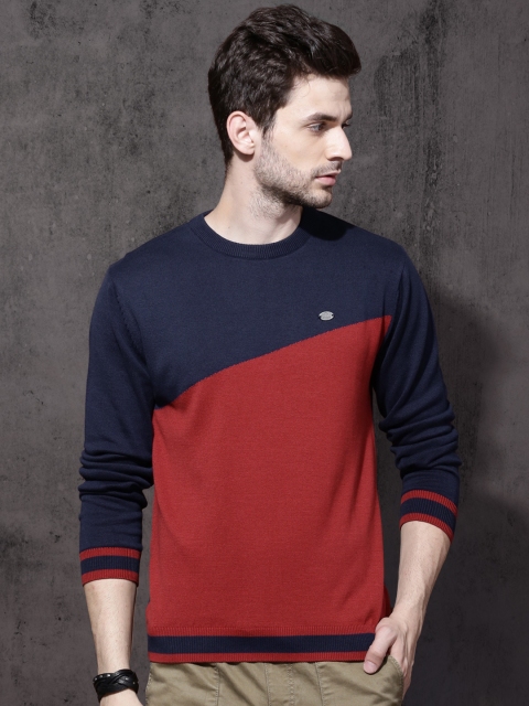 

Roadster Men Red & Navy Blue Colourblocked Pullover