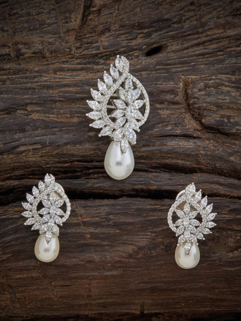 

Kushal's Fashion Jewellery Rhodium-Plated White CZ Studded Pendant Earring Set
