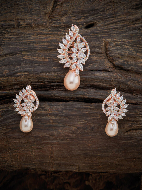 

Kushal's Fashion Jewellery Rose-Gold Plated White Cubic Zirconia Studded Pendent Set