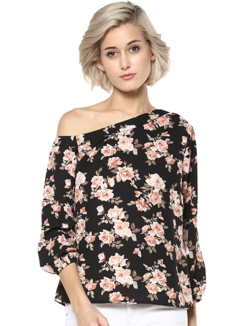 

Harpa Women Black Floral Print One-Shoulder Top