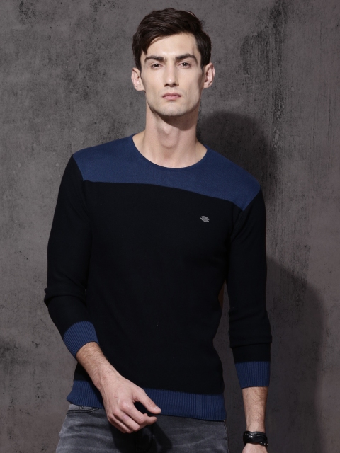 

Roadster Men Black & Navy Blue Colourblocked Pullover