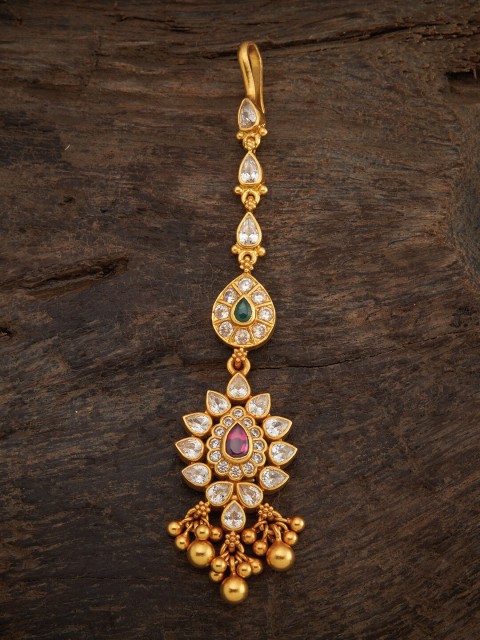 

Kushal's Fashion Jewellery 92.5 Pure Silver Gold-Toned & Ruby Red Stone Studded & Beaded Maang Tikka