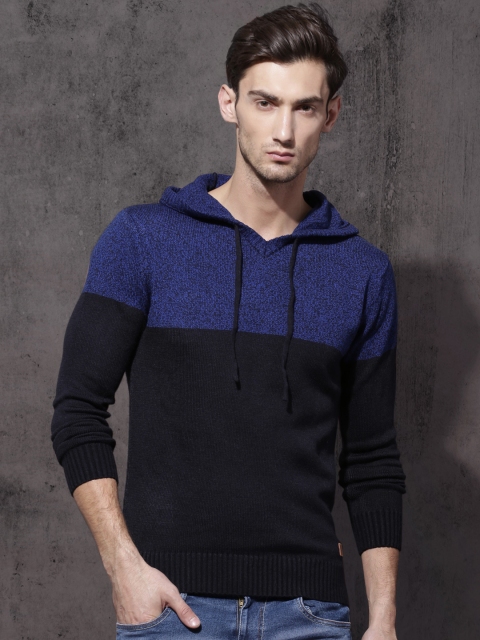 

Roadster Men Blue Colourblocked Hooded Pullover