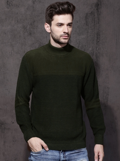 

Roadster Men Olive Green Self-Design Pullover Sweater