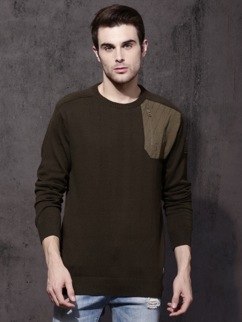 

Roadster Men Olive Green Solid Pullover Sweater