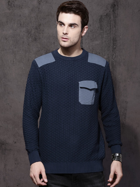 

Roadster Men Navy Blue Self Design Pullover