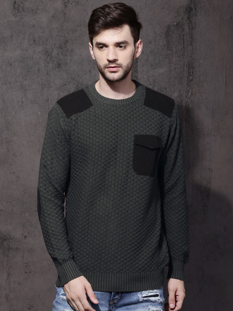 

Roadster Men Grey Self-Design Pullover Sweater