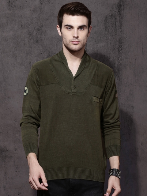

Roadster Men Olive Green Solid Pullover