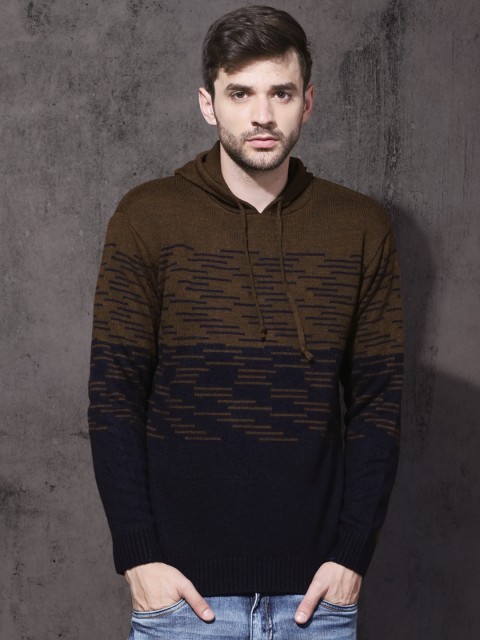 

Roadster Men Brown & Navy Blue Self-Design Pullover Sweater